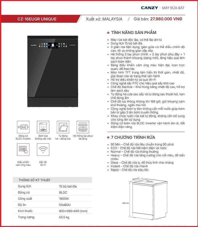 Máy Rửa Bát Canzy CZ-16EUGR UNIQUE