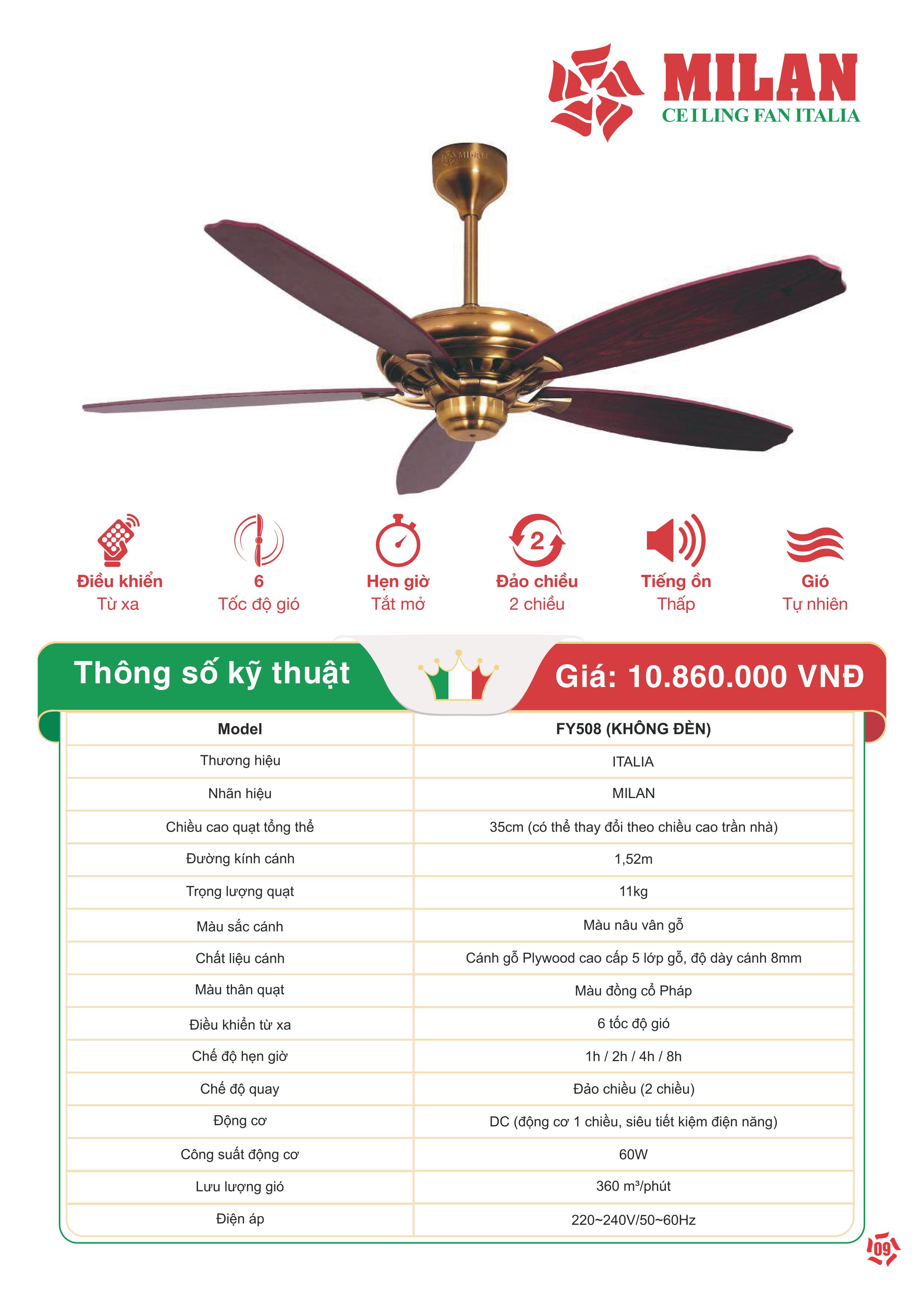 Quạt Trần FENGYE-MILAN FY508 Không Đèn