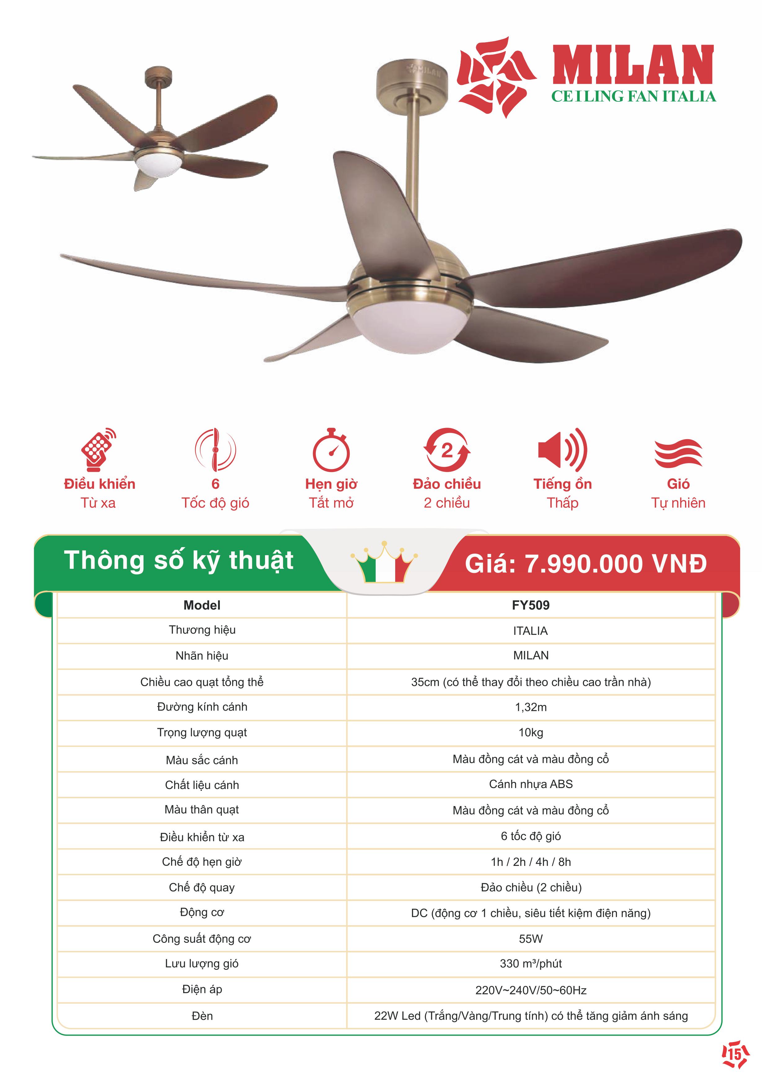 Quạt Trần FENGYE-MILAN FY509 Màu Đồng Cát