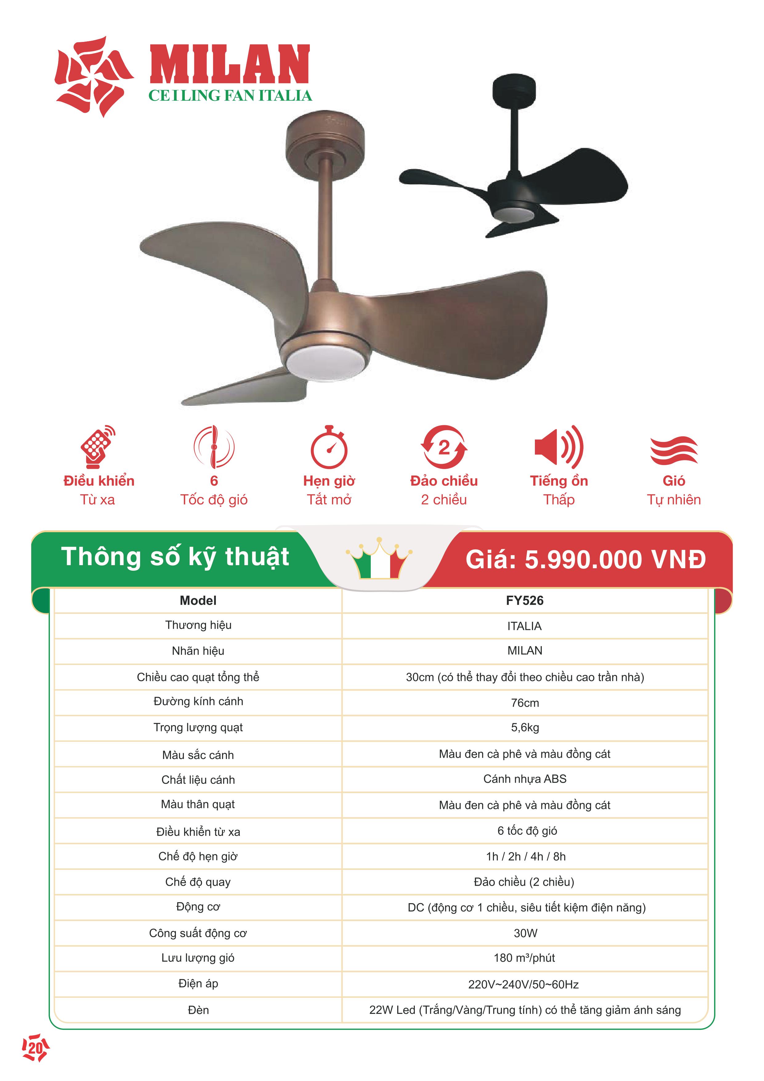 Quạt Trần FENGYE-MILAN FY526 Màu Cà Phê