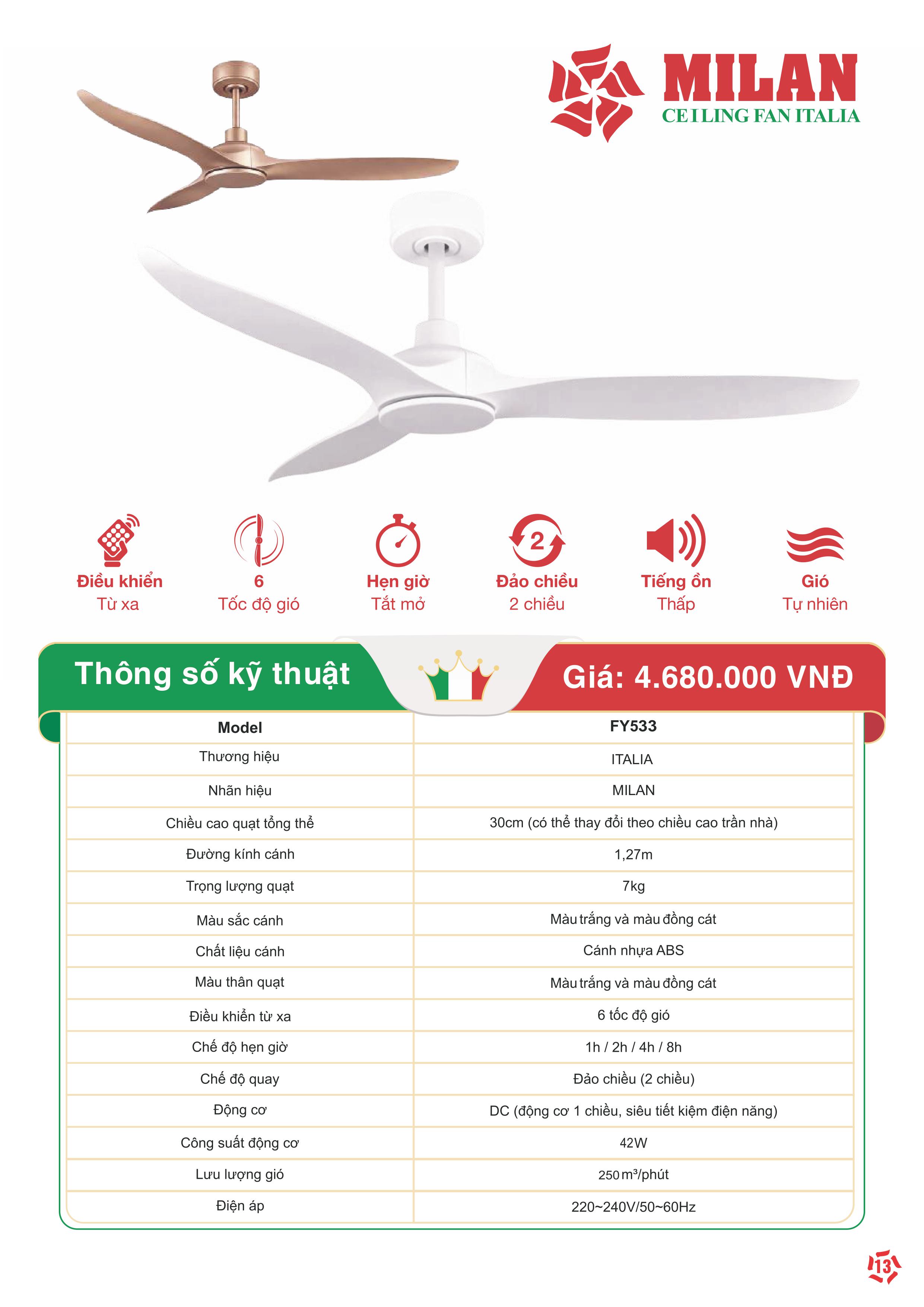 Quạt Trần FENGYE-MILAN FY533 Màu Đồng Cát