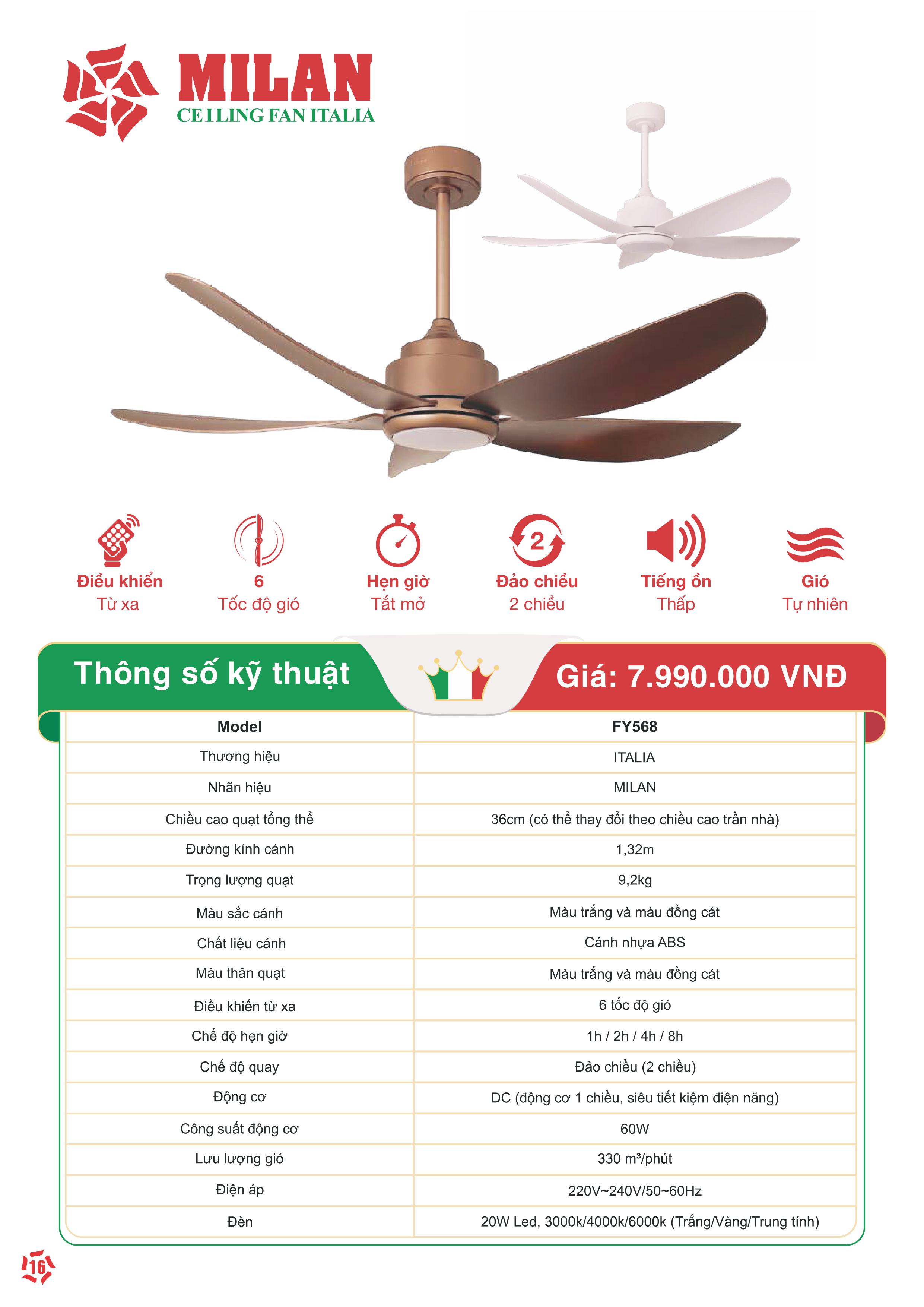 Quạt Trần FENGYE-MILAN FY568 Màu Trắng 1.32m