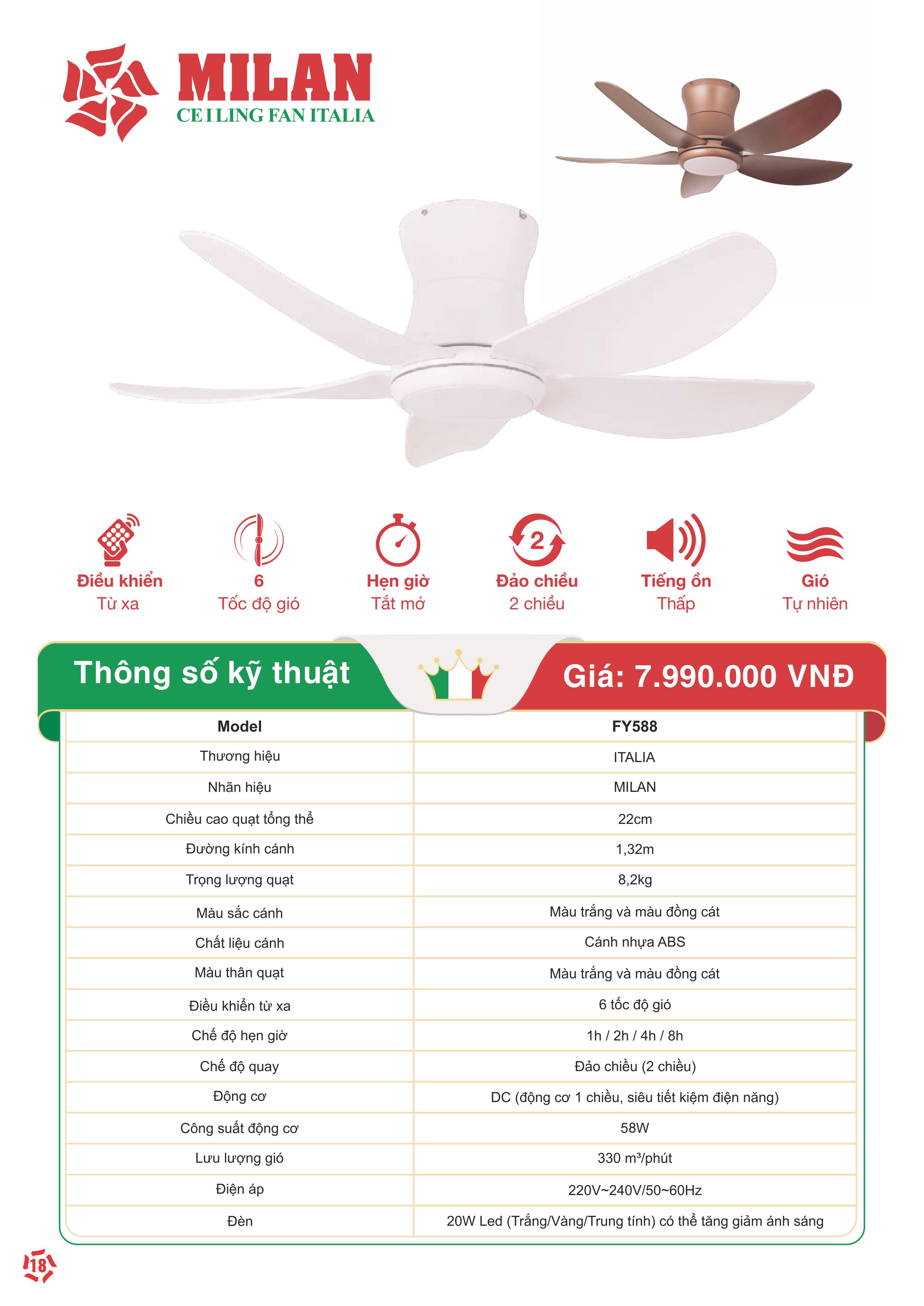 Quạt Trần FENGYE-MILAN FY588 Màu Đồng Cát 1,32m