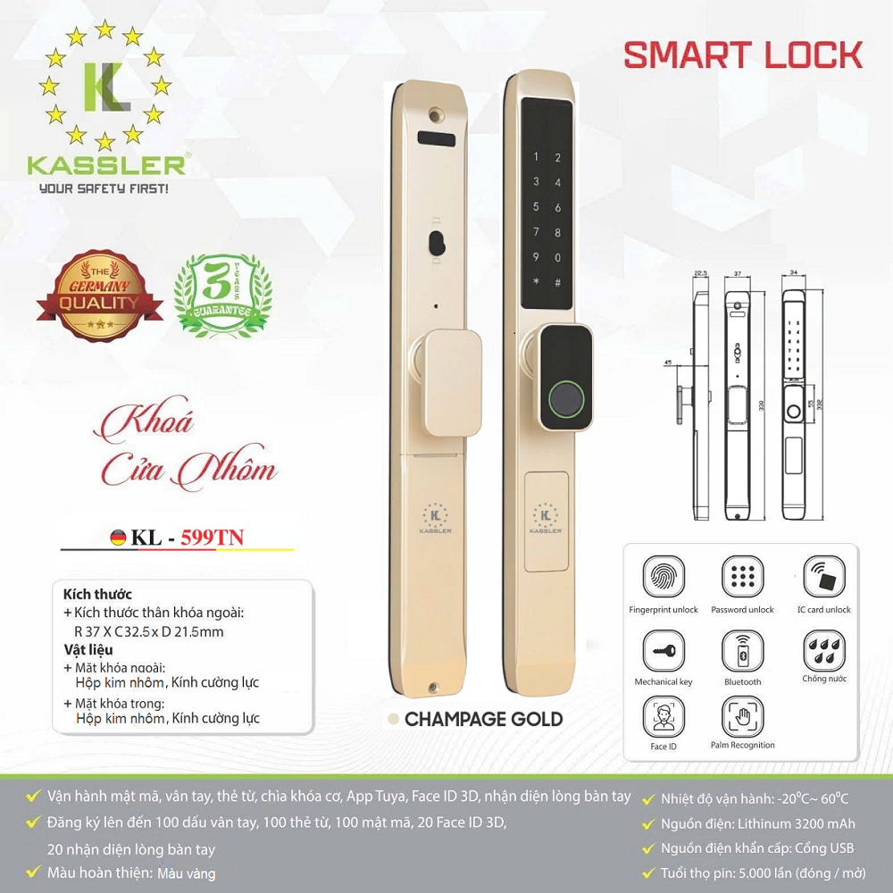 Khóa Điện Tử KASSLER KL-599TN CHAMPAGNE GOLD APP