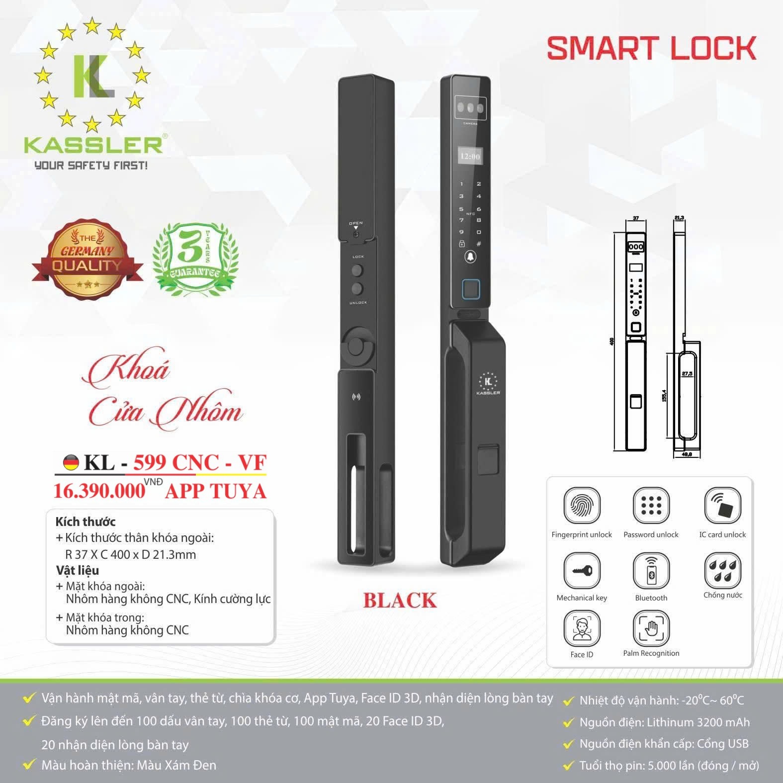 Khóa Điện Tử KASSLER KL-599 CNC VF BLACK APP