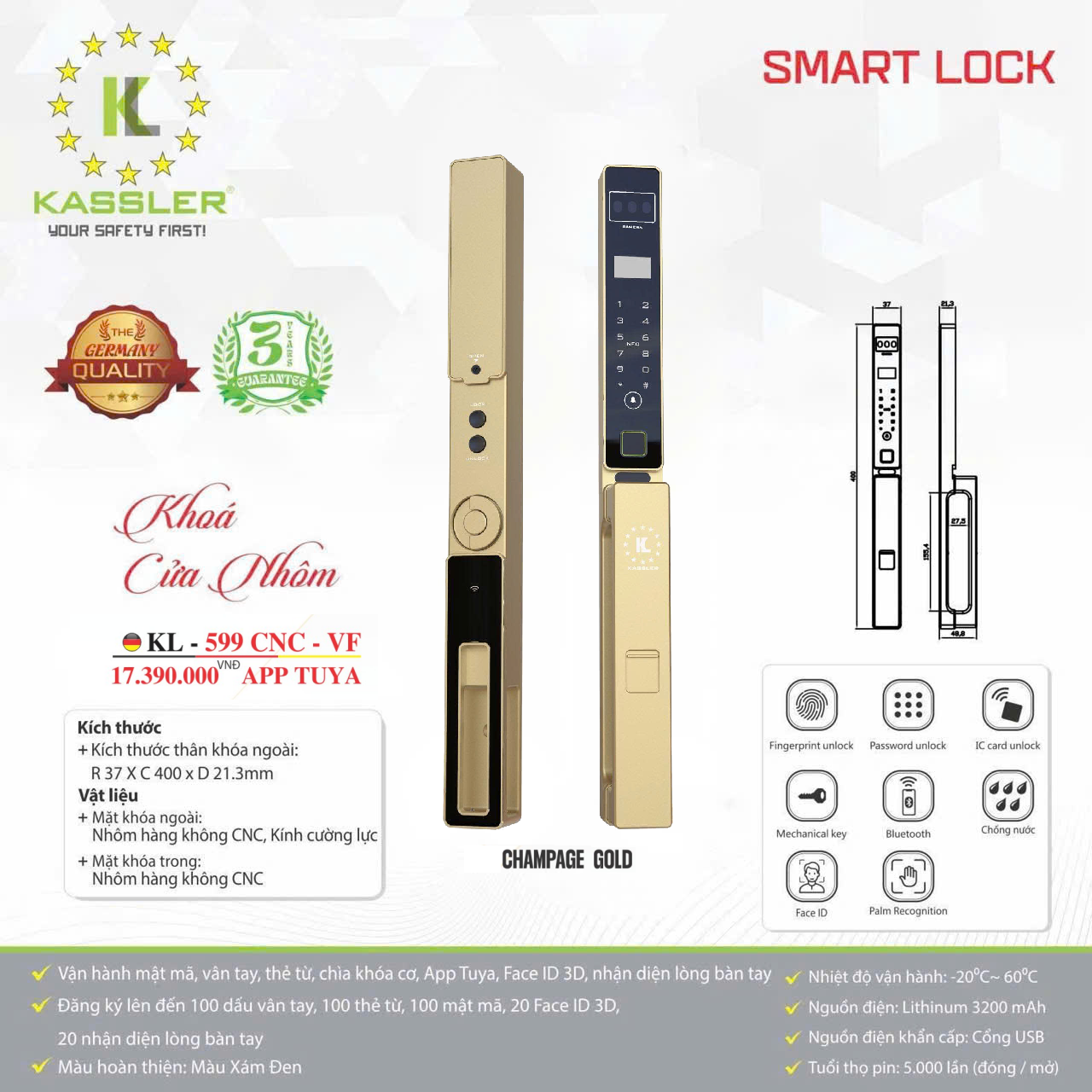 Khóa Điện Tử KASSLER KL-599 CNC VF CHAMPAGE GOLD APP