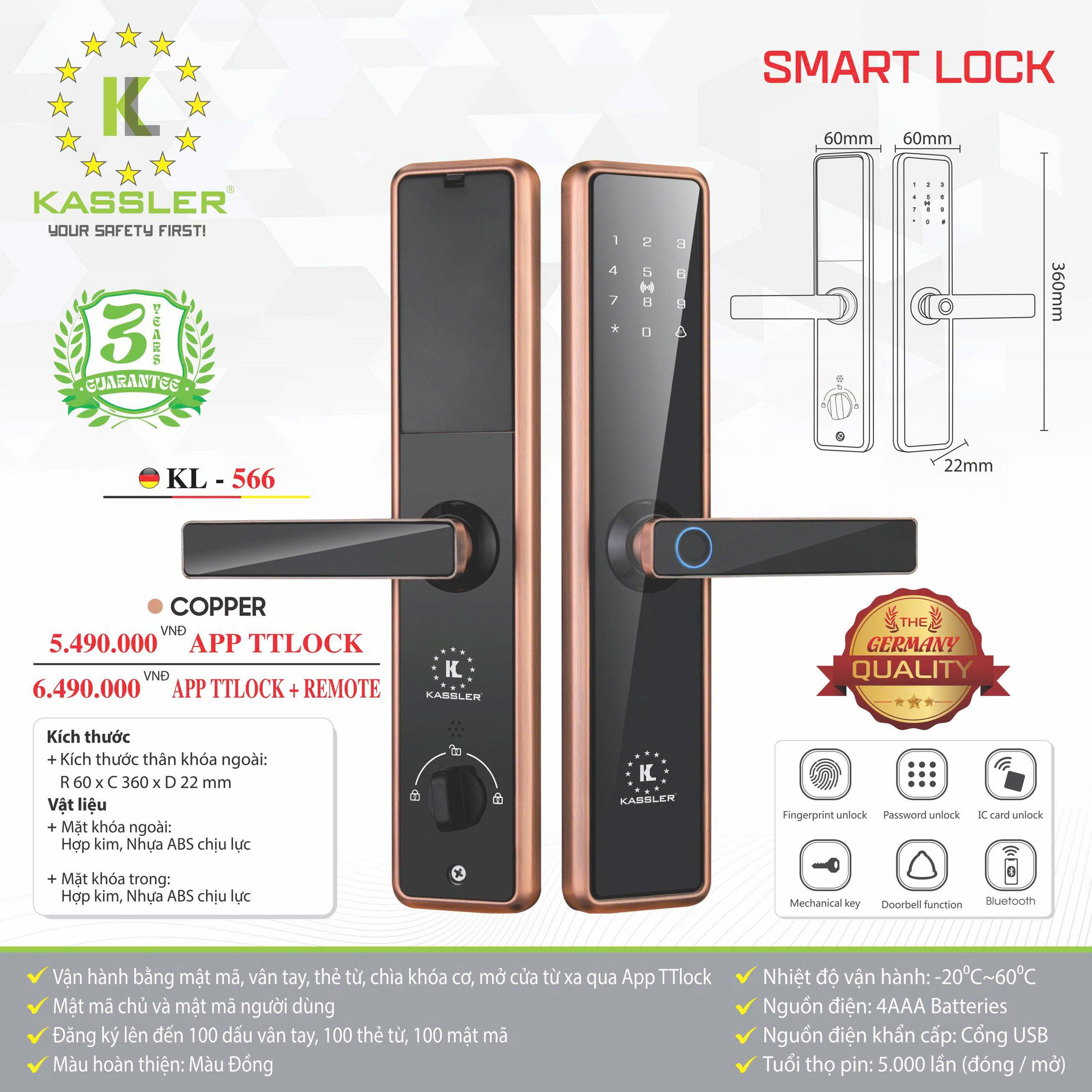 Khóa Điện Tử KASSLER KL-566 COPPER APP