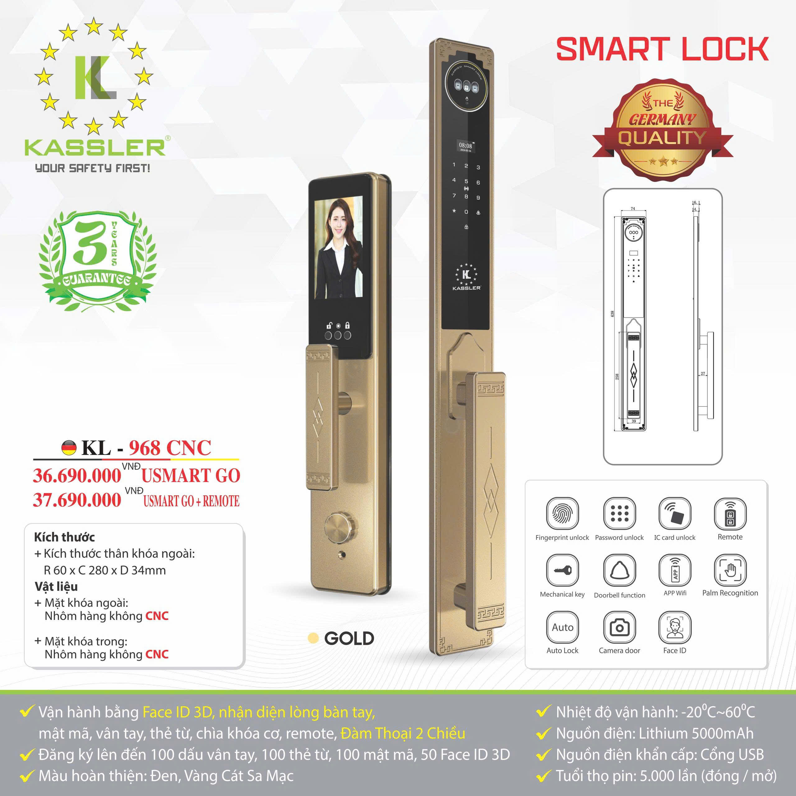 Khóa Cửa Điện Tử KASSLER KL-968 CNC GOLD Usmart go