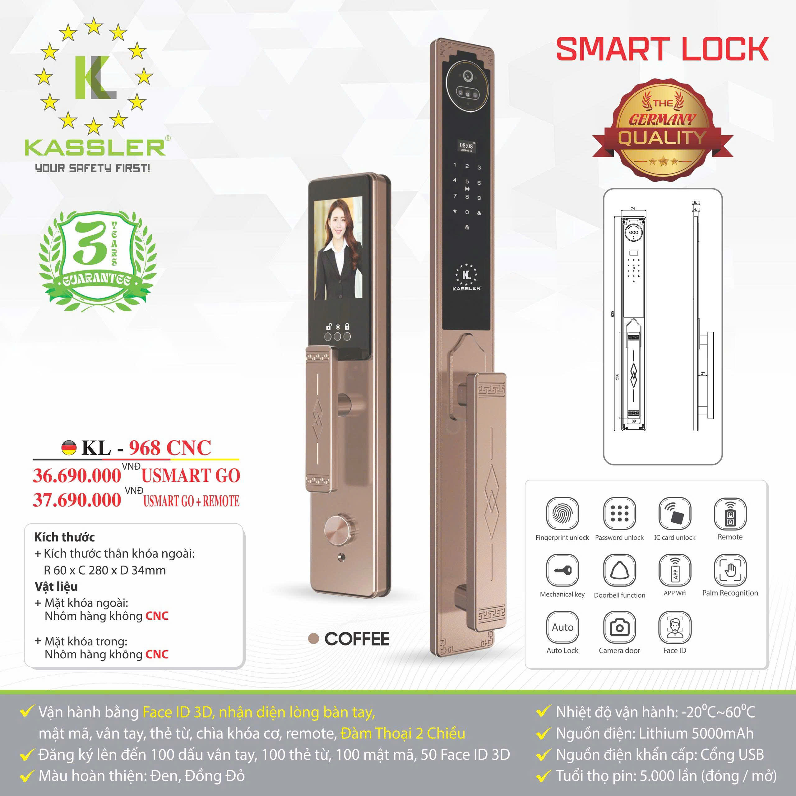 Khóa Cửa Điện Tử KASSLER KL-968 CNC COFFEE Usmart go