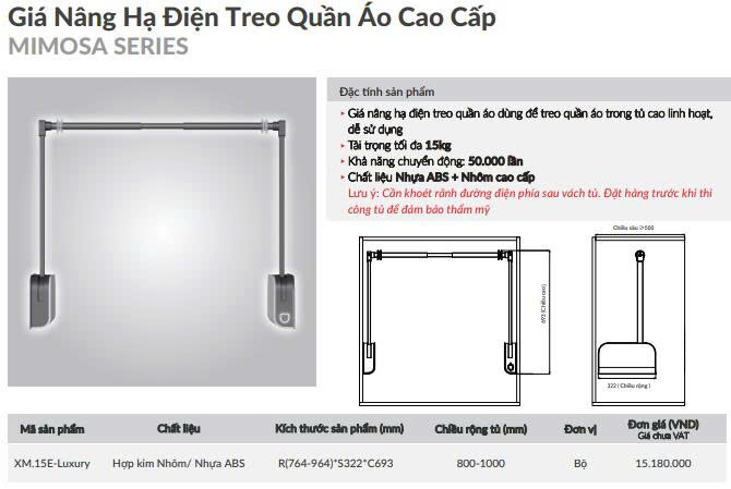 Giá Nâng Hạ Điện Treo Quần Áo GRANDX XM.15E-Luxury