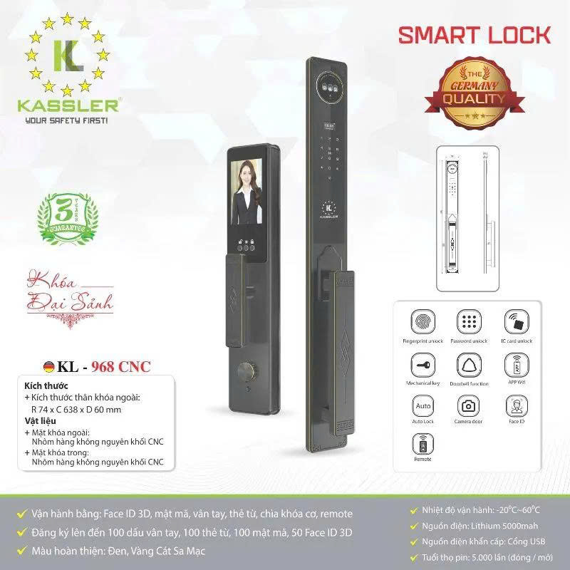 Khóa Cửa Điện Tử KASSLER KL-968 CNC BLACK APP
