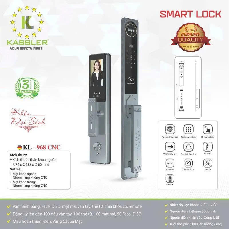 Khóa Cửa Điện Tử KASSLER KL-968 CNC BLUE GREY APP