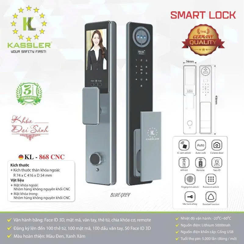 Khóa Điện Tử KASSLER KL-868 CNC BLUE GREY APP (REMOTE)