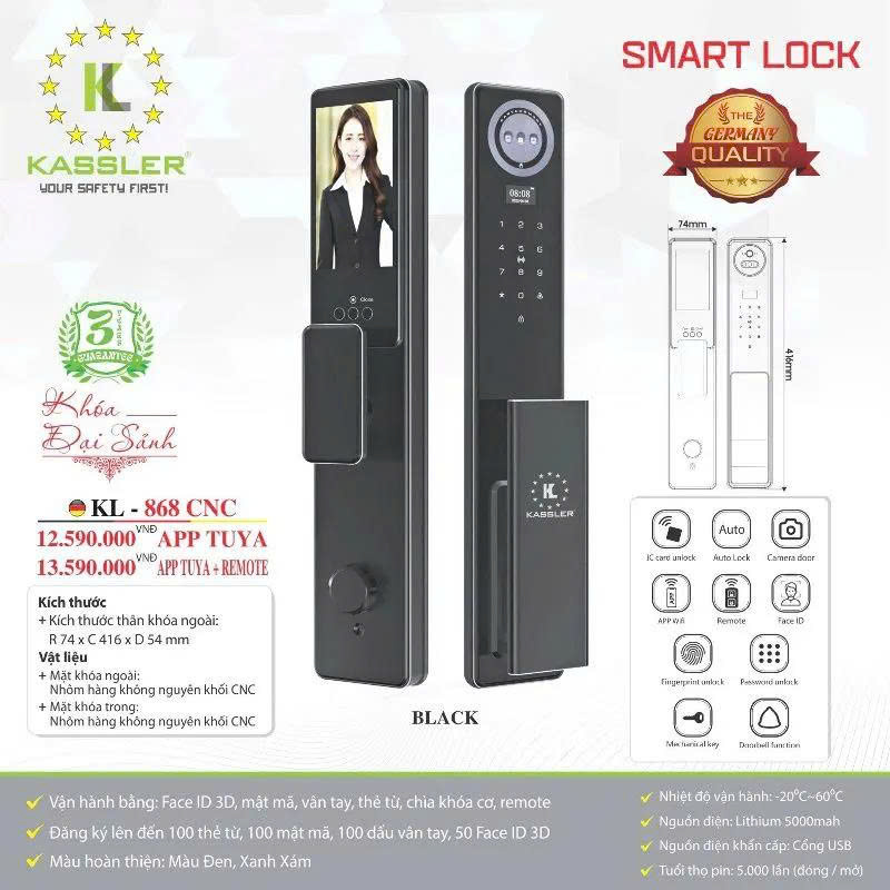 Khóa Điện Tử KASSLER KL-868 CNC BLACK APP (REMOTE)