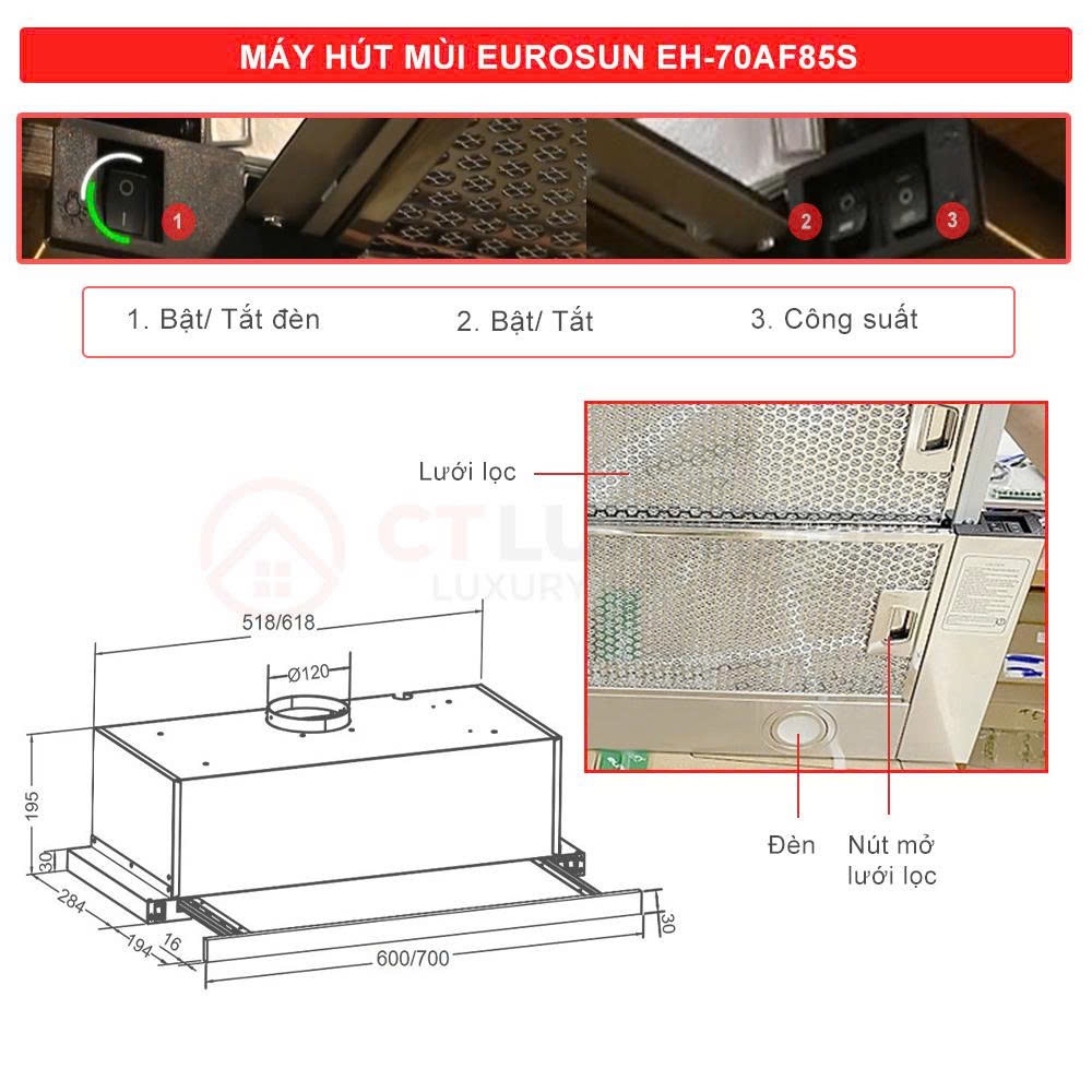 Máy Hút Mùi Âm Tủ Eurosun EH-70AF85S