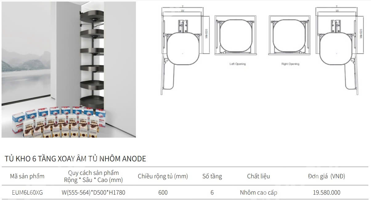Tủ kho xoay âm tủ EUROGOLD EUM6L60XG