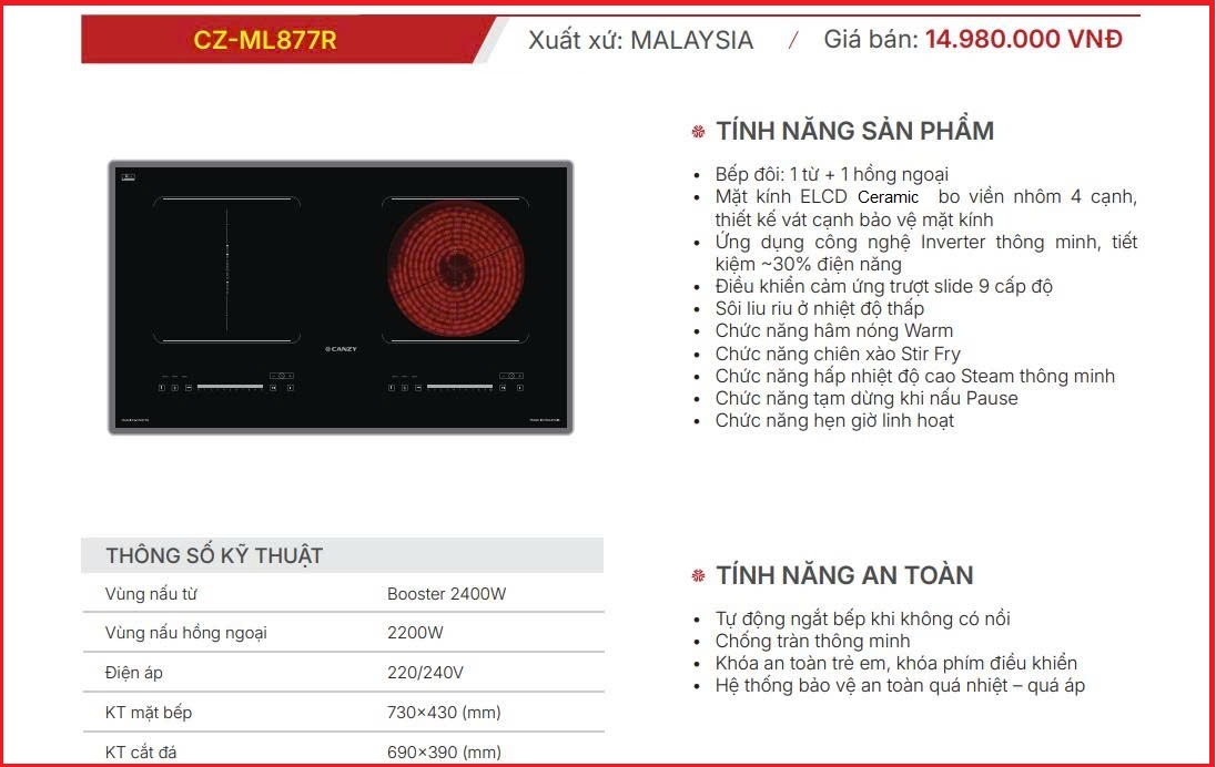 Bếp từ kết hợp hồng ngoại Canzy CZ-ML877R