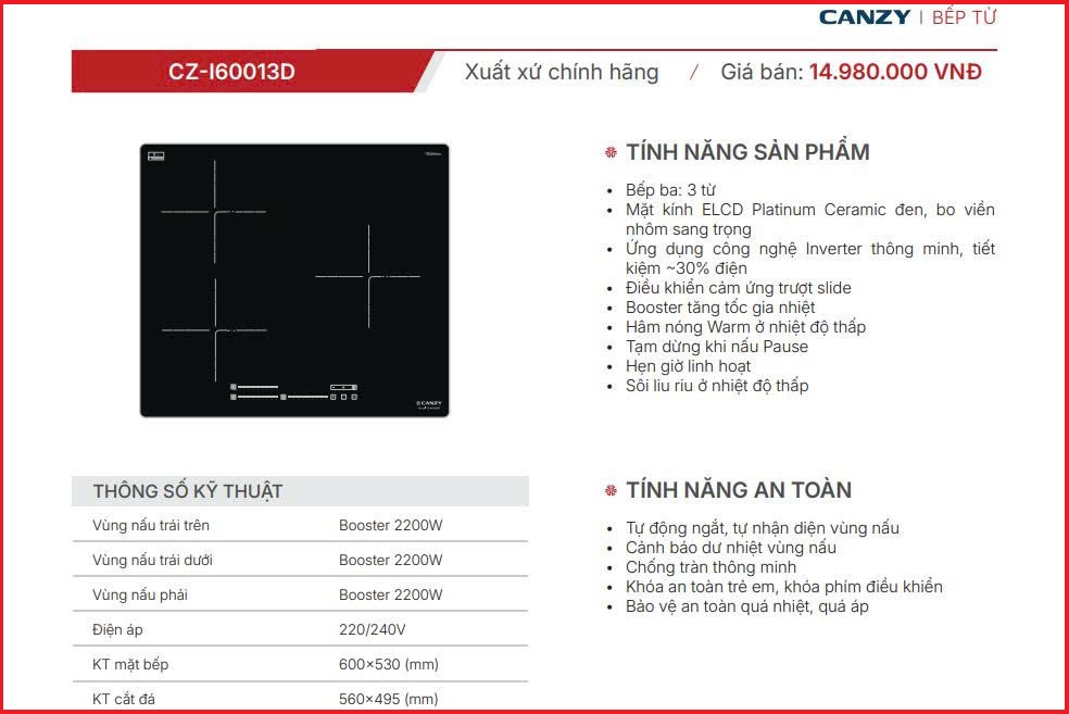 Bếp từ 3 vùng nấu Canzy CZ-I60013D