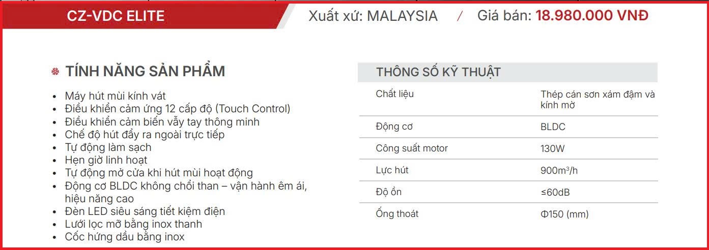 Máy hút mùi Kính Vát Canzy CZ-VDC ELITE