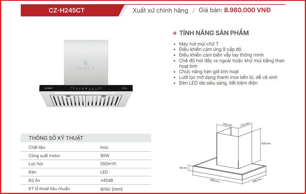 Máy hút mùi Canzy CZ-H245CT