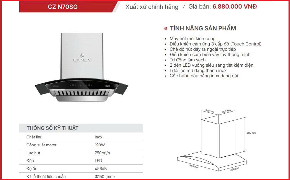 Hút Mùi Canzy CZ-N70SG