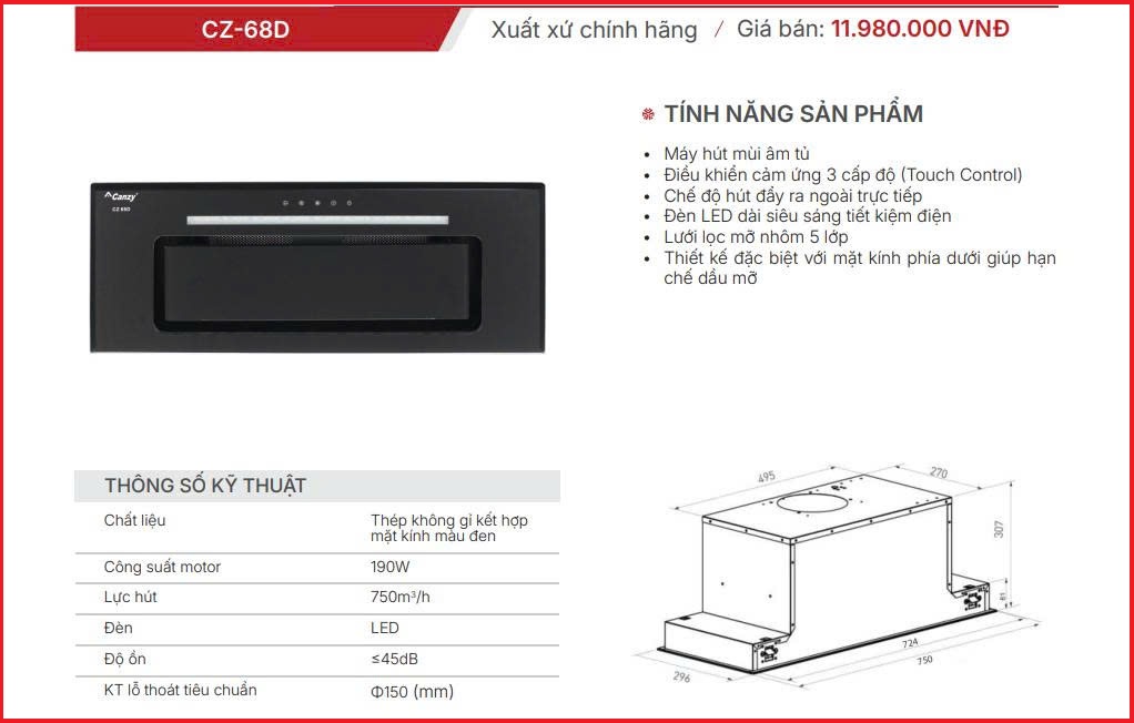 Máy Hút Mùi Canzy CZ-68D