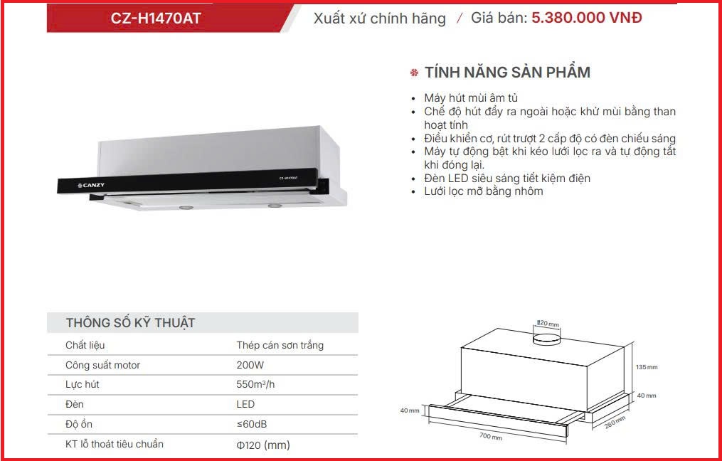 Máy Hút Mùi Canzy CZ-H1470AT