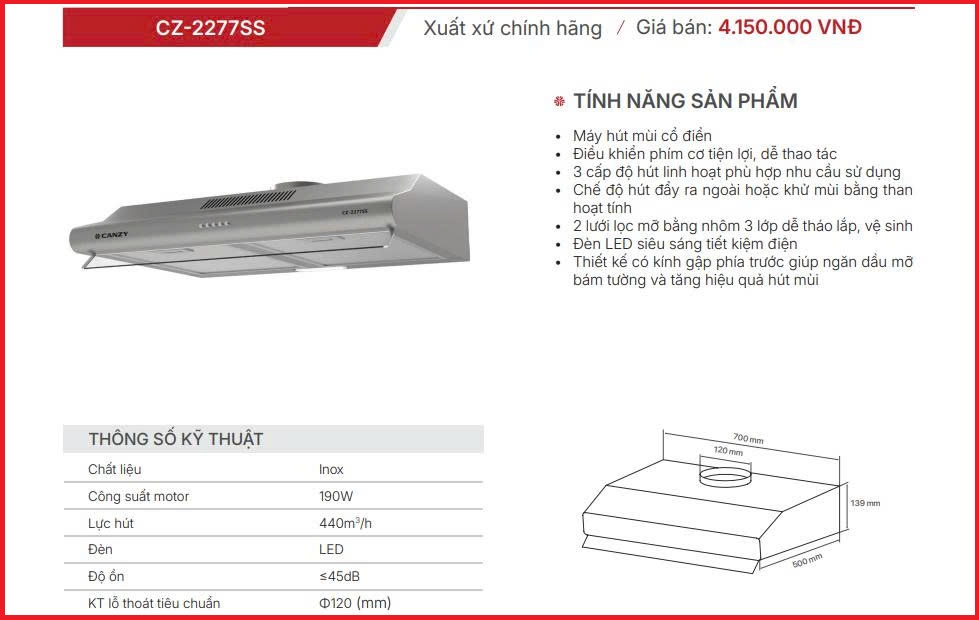 Máy hút mùi Canzy CZ-2277SS