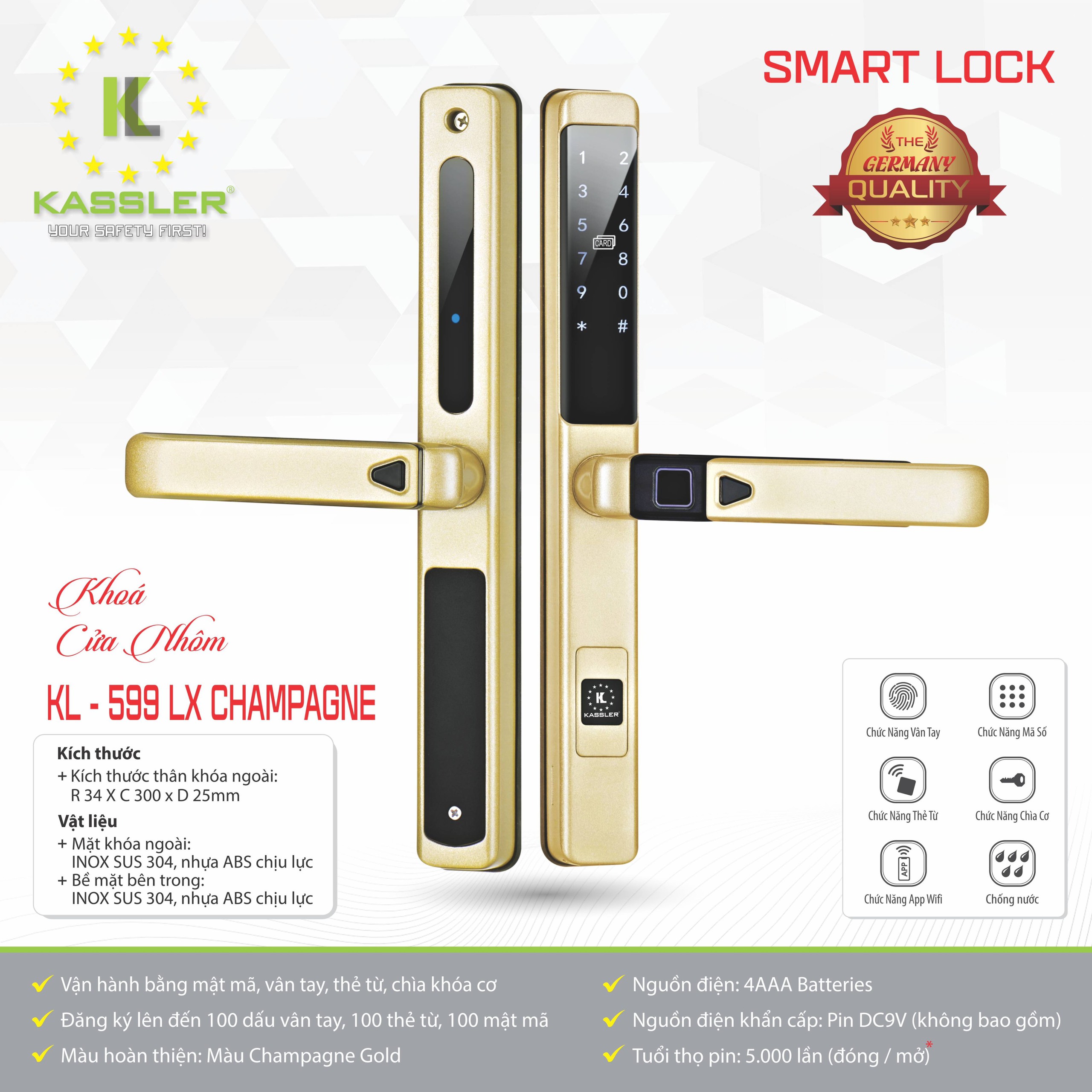 Khóa điện tử Kassler KL-599 LX CHAMPAGNE APP