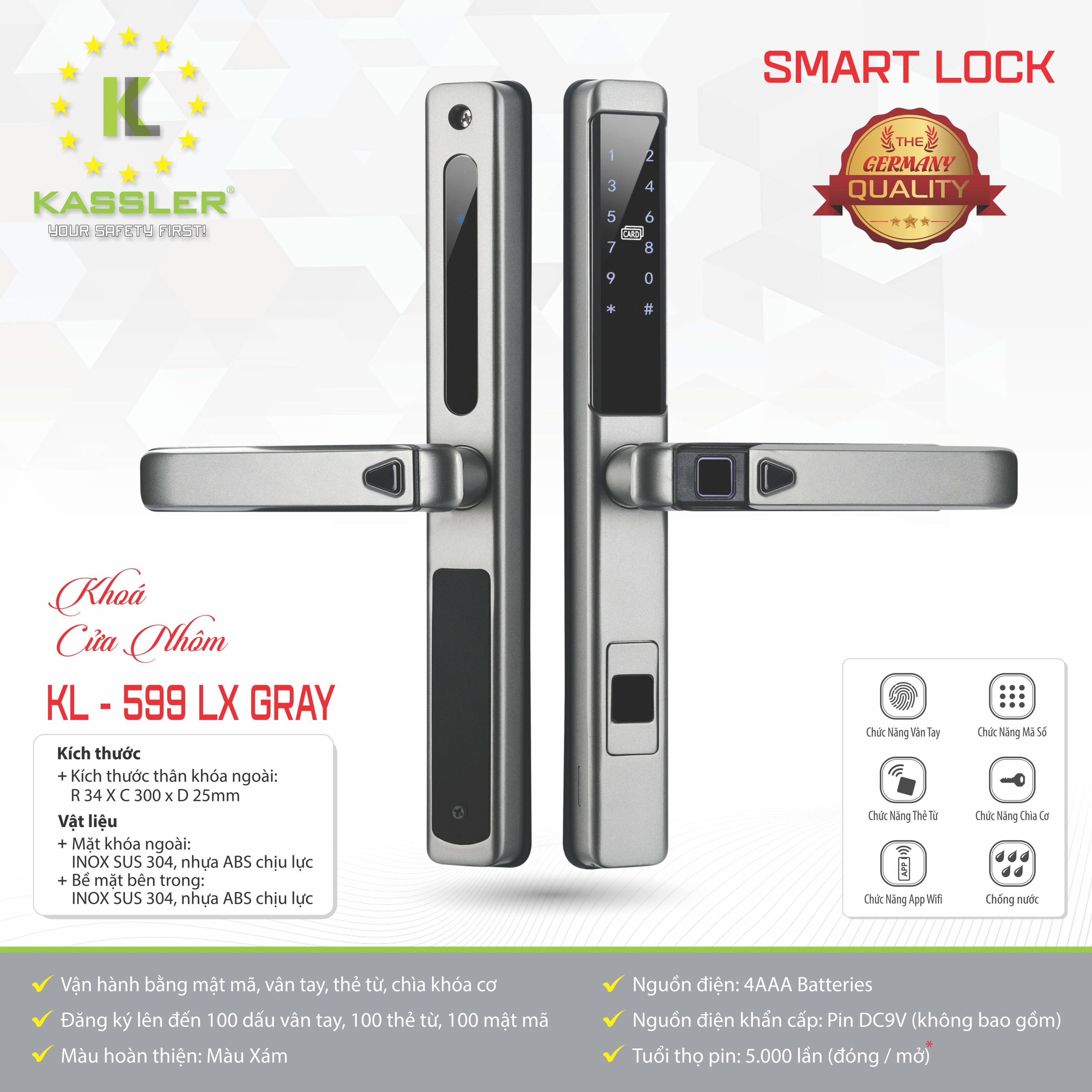 Khóa cửa nhôm Kassler KL-599 LX Gray APP