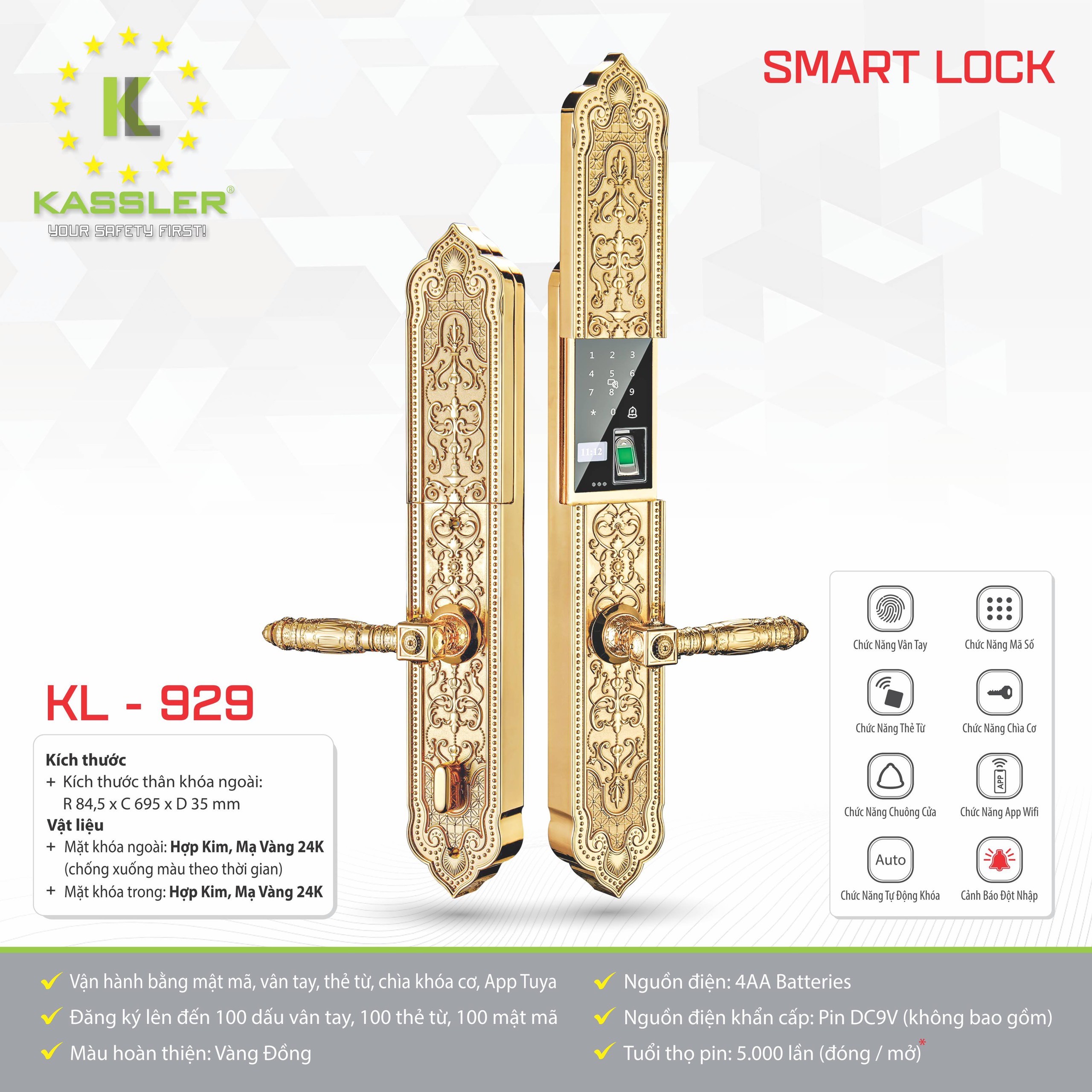 Khóa vân tay đại sảnh Kassler KL929 4 Khóa Vân Tay Cửa Gỗ Đại Sảnh Kassler KL-929 – Khobep.vn - Hệ Thống Tổng Kho Bếp Nhập Khẩu