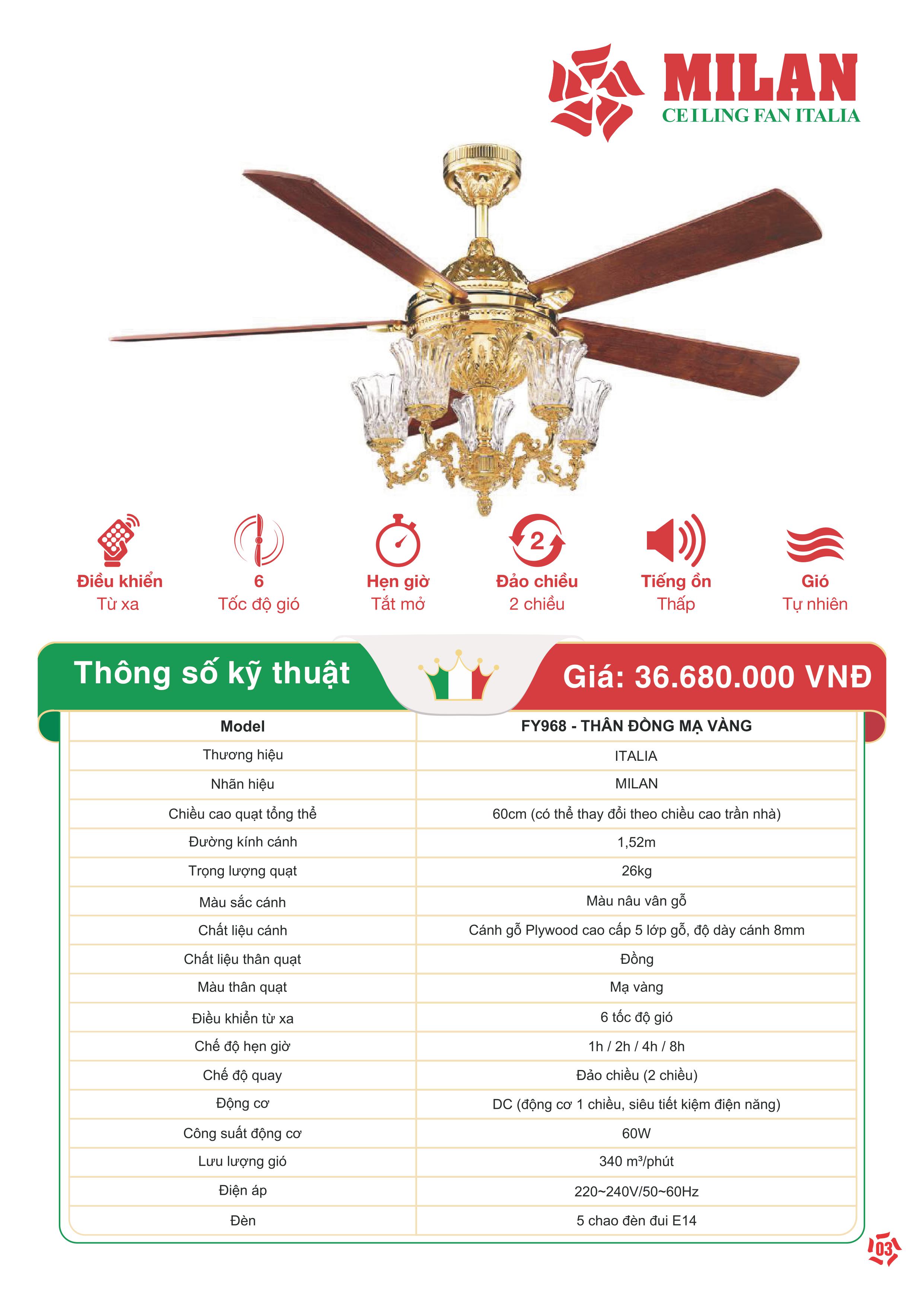 Quạt Trần FENGYE-MILAN FY968 Thân Đồng Mạ Vàng