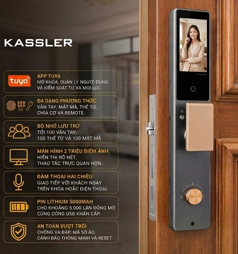 Khóa Điện Tử KASSLER KL-899 PLUS CNC BLACK APP Tuya Remote