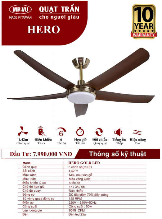 QUẠT TRẦN CHO NGƯỜI GIÀU MR.VŨ HERO GOLD LED