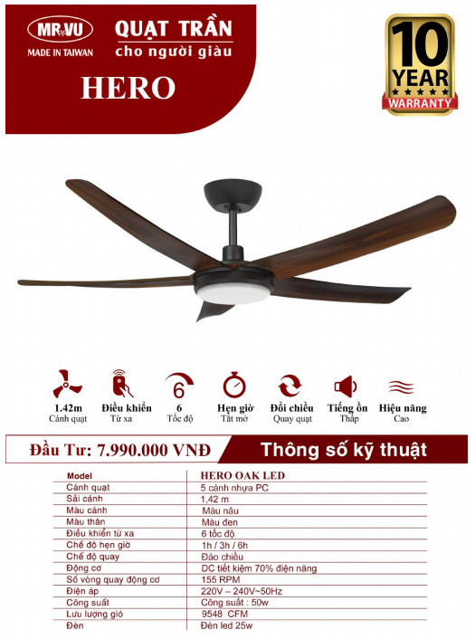 QUẠT TRẦN CHO NGƯỜI GIÀU MR.VŨ HERO OAK LED