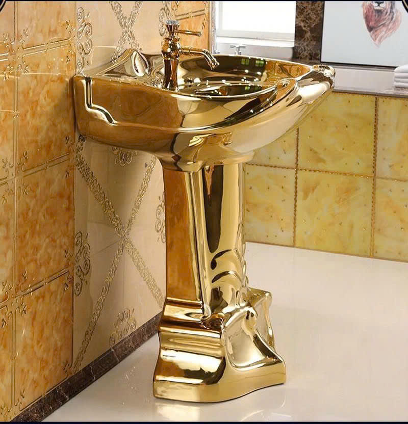Lavabo Sứ Trụ Đứng Liền Khối Mạ Vàng B-GEM BG-6078G