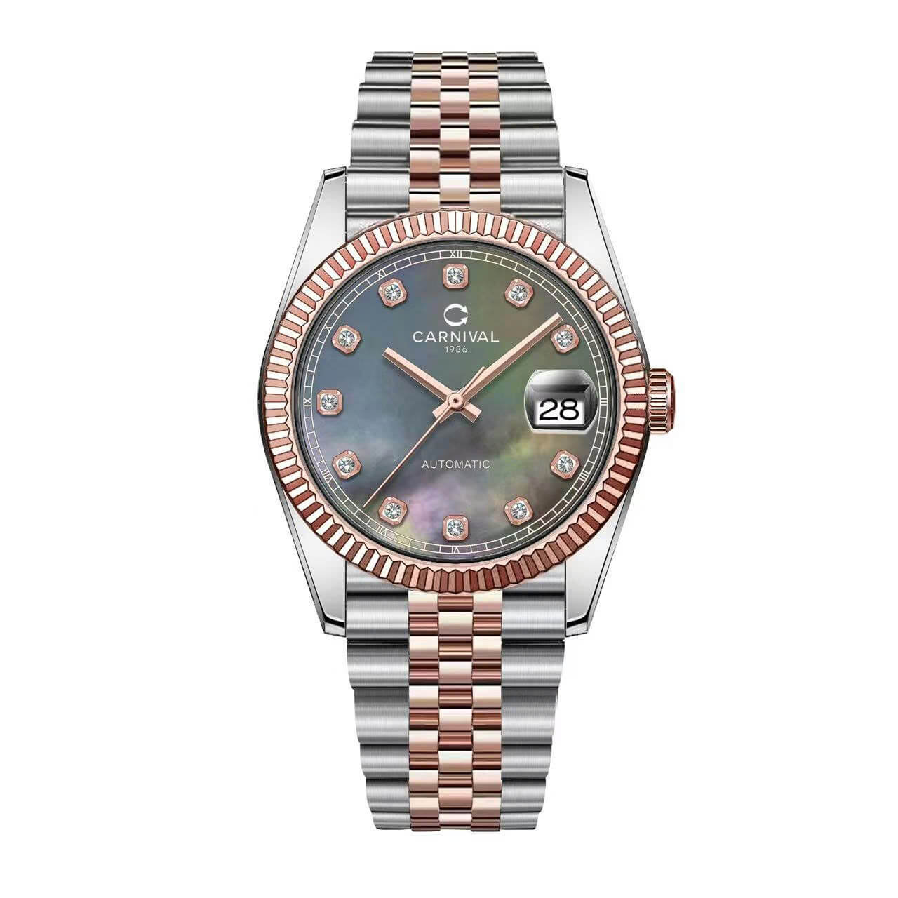 Đồng Hồ Nam Carnival 8250G Size 38mm Dáng Rolex Datejust Máy Tự Động Kính Sapphire Kim Loại Demi Vàng Hồng Mặt Xám