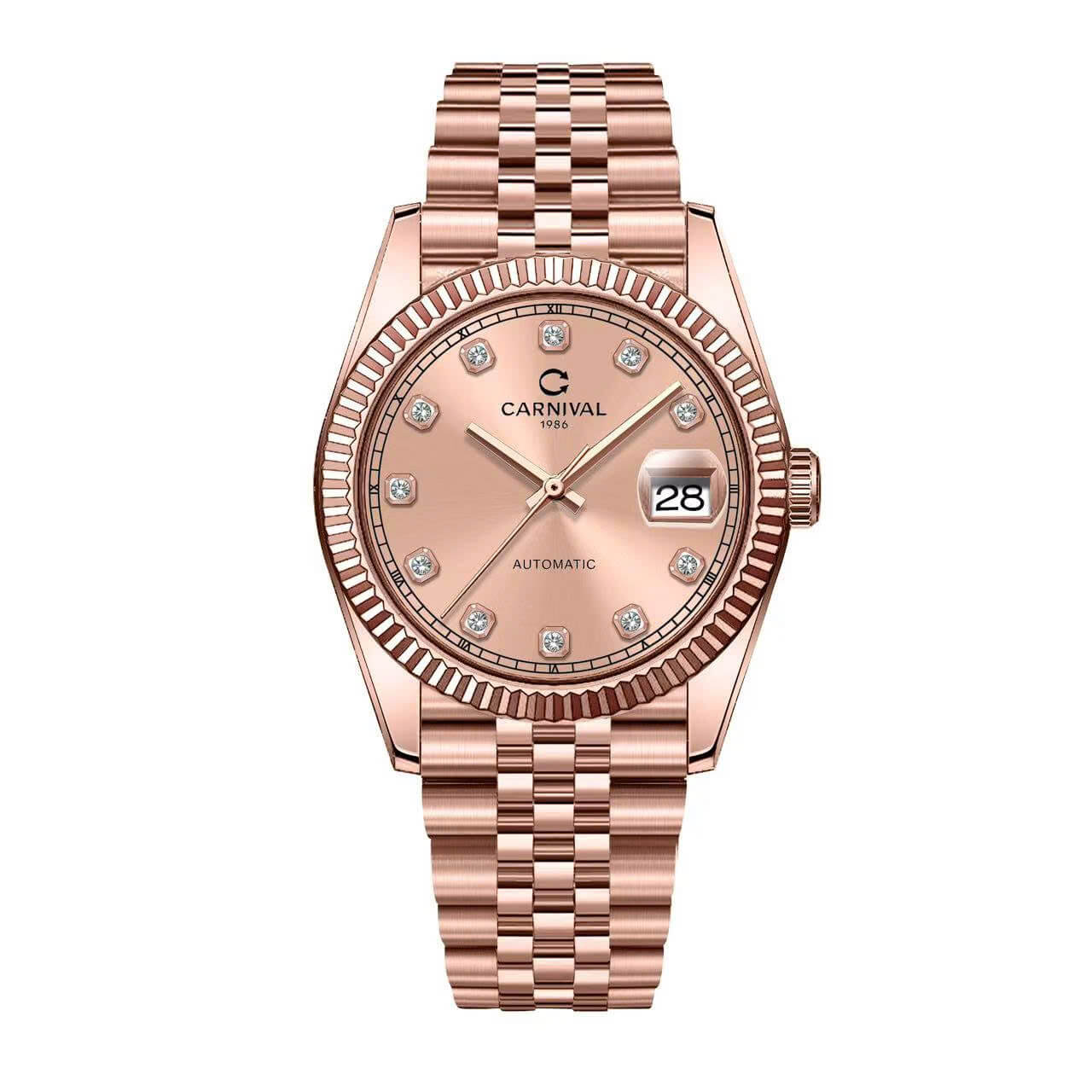Đồng Hồ Nam Carnival 8250G Size 38mm Dáng Rolex Datejust Máy Tự Động Kính Sapphire Kim Loại Vàng Hồng Mặt Xám