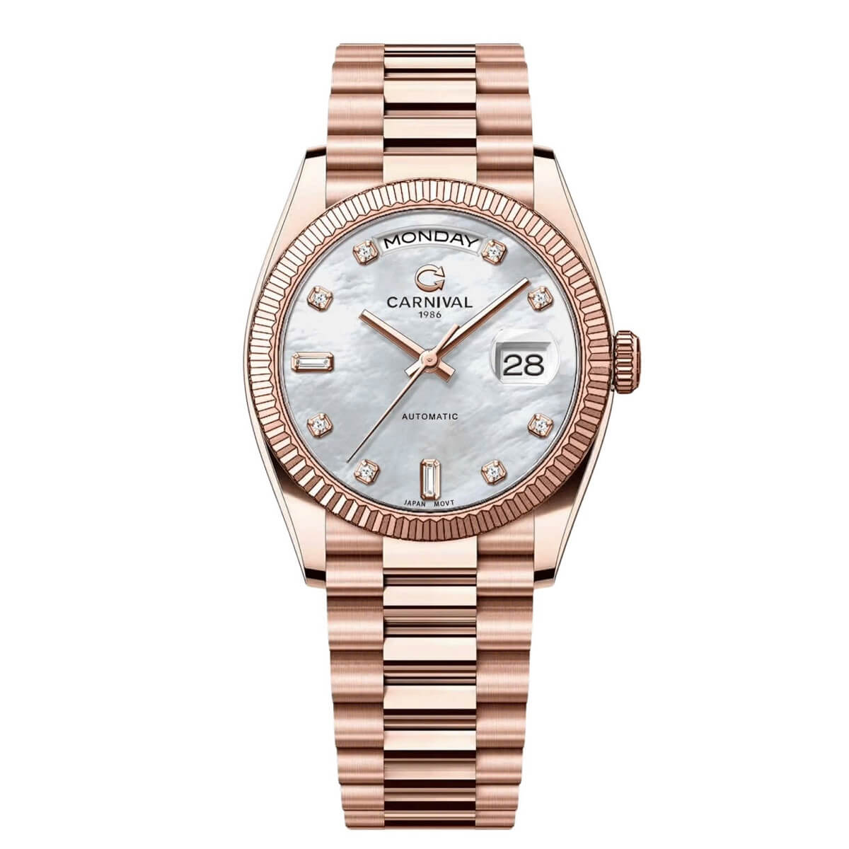 Đồng Hồ Nam Carnival 8239G Size 38mm Dáng Rolex Day Date Máy Tự Động Kính Sapphire Kim Loại Vàng Hồng Mặt Trắng Xà Cừ