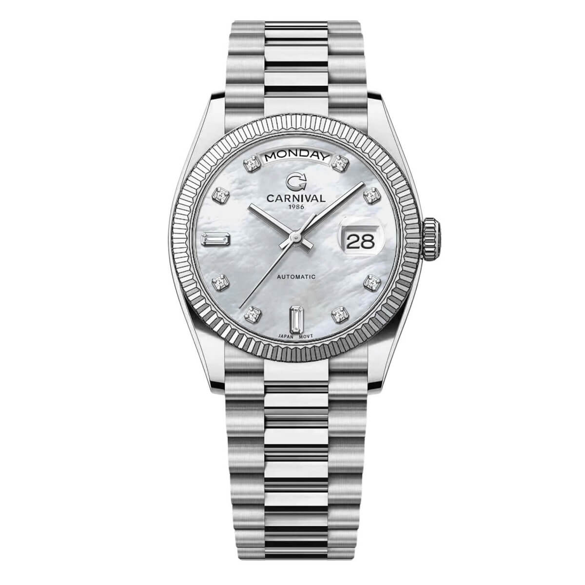 Đồng Hồ Nam Carnival 8239G Size 38mm Dáng Rolex Day Date Máy Tự Động Kính Sapphire Kim Loại Inox Mặt Trắng Xà Cừ