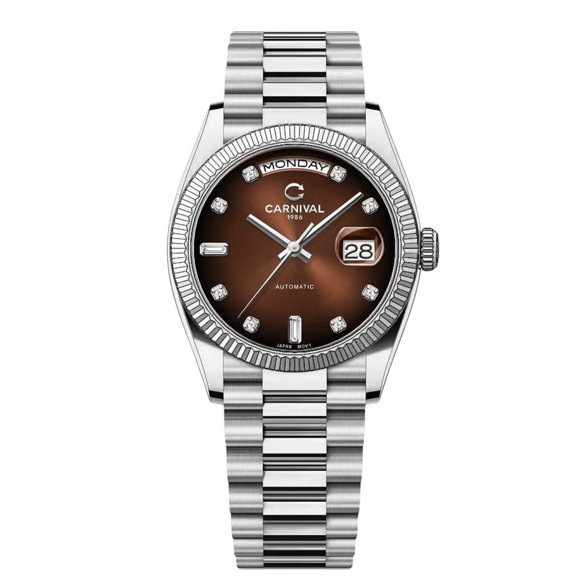 Đồng Hồ Nam Carnival 8239G Size 38mm Dáng Rolex Day Date Máy Tự Động Kính Sapphire Kim Loại Inox Mặt Trắng Xà Cừ
