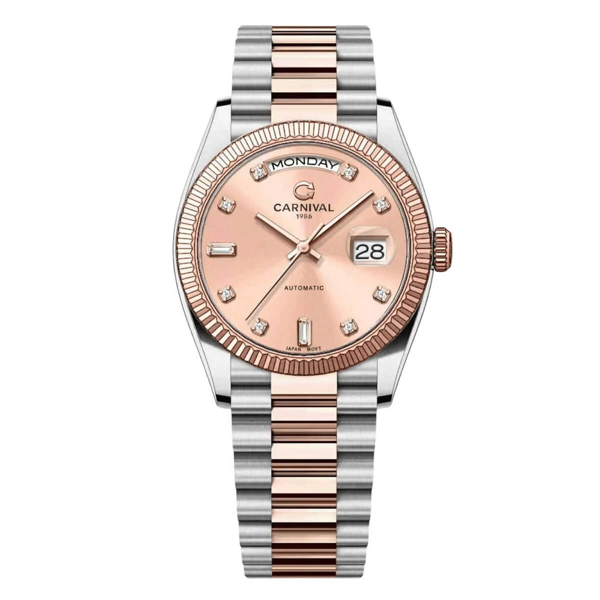 Đồng Hồ Nam Carnival 8239G Size 38mm Dáng Rolex Day Date Máy Tự Động Kính Sapphire Kim Loại Vàng Hồng