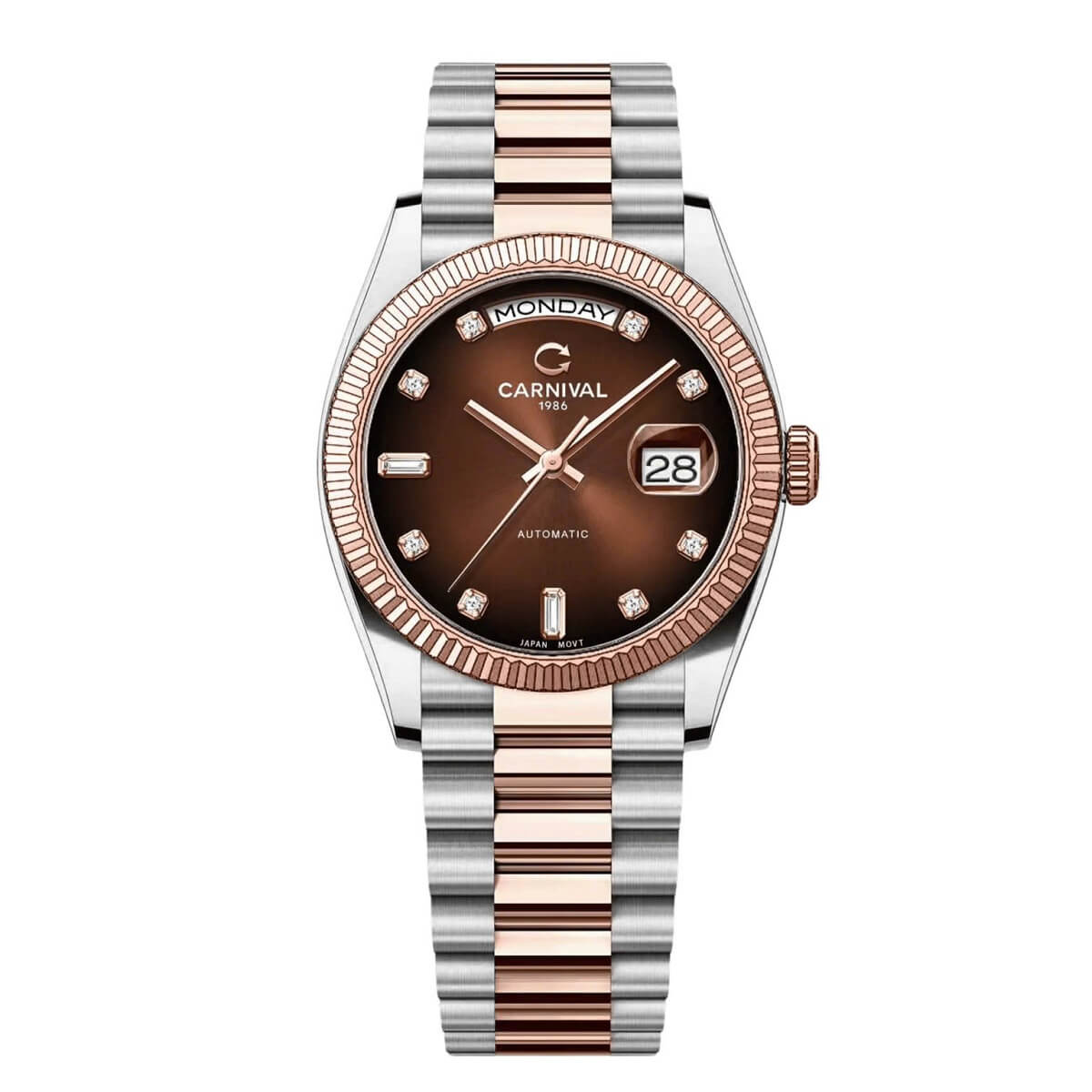 Đồng Hồ Nam Carnival 8239G Size 38mm Dáng Rolex Day Date Máy Tự Động Kính Sapphire Kim Loại Vàng Mặt Đen