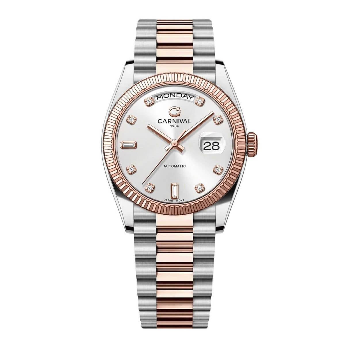 Đồng Hồ Nam Carnival 8239G Size 38mm Dáng Rolex Day Date Máy Tự Động Kính Sapphire Kim Loại Vàng Hồng