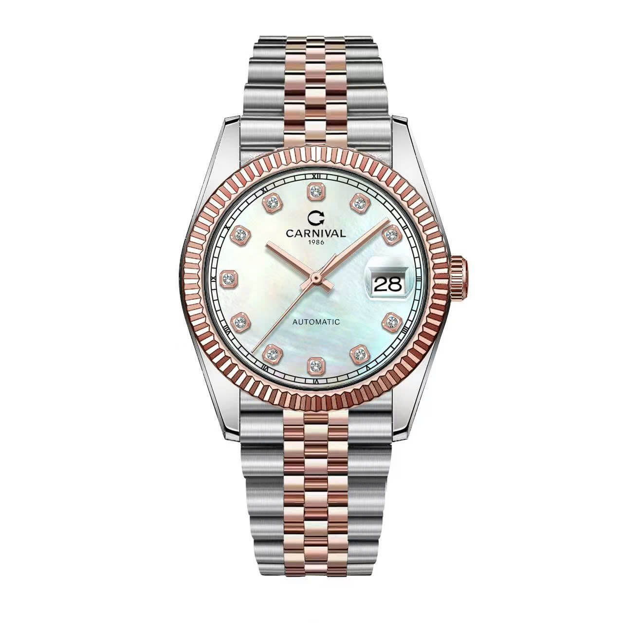 Đồng Hồ Nam Carnival 8250G Size 38mm Dáng Rolex Datejust Máy Tự Động Kính Sapphire Kim Loại Demi Vàng Hồng Mặt Đen Xà Cừ