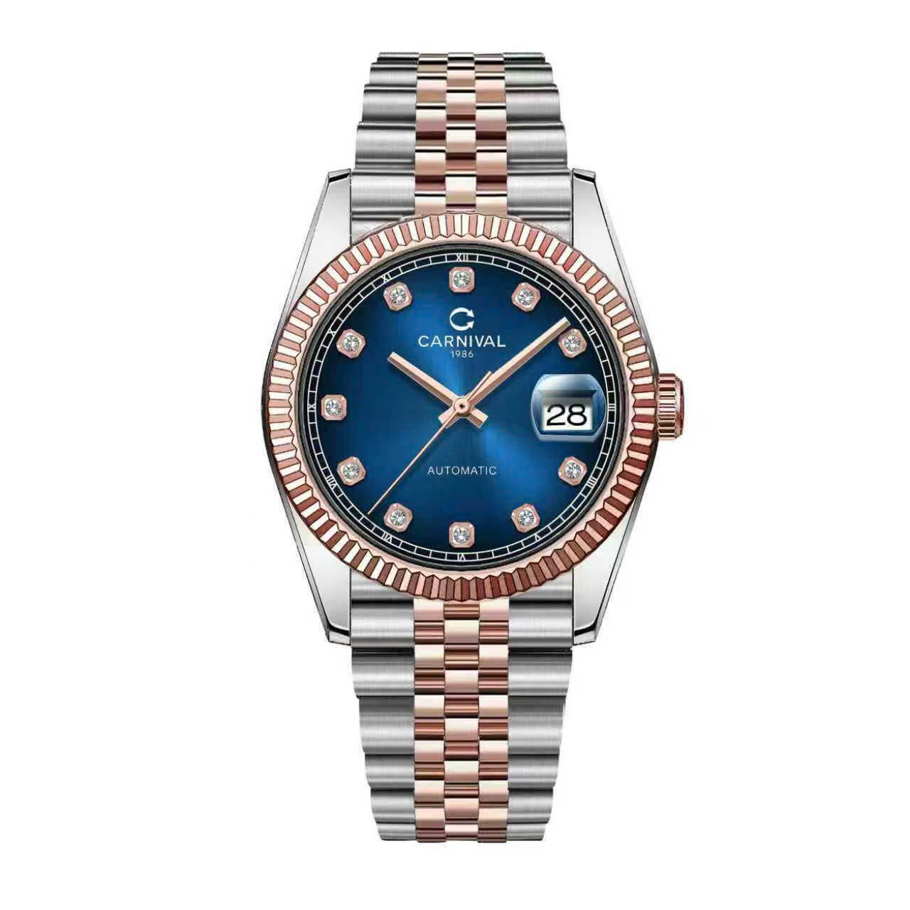 Đồng Hồ Nam Carnival 8250G Size 38mm Dáng Rolex Datejust Máy Tự Động Kính Sapphire Kim Loại Demi Vàng Hồng Mặt Xanh Dương