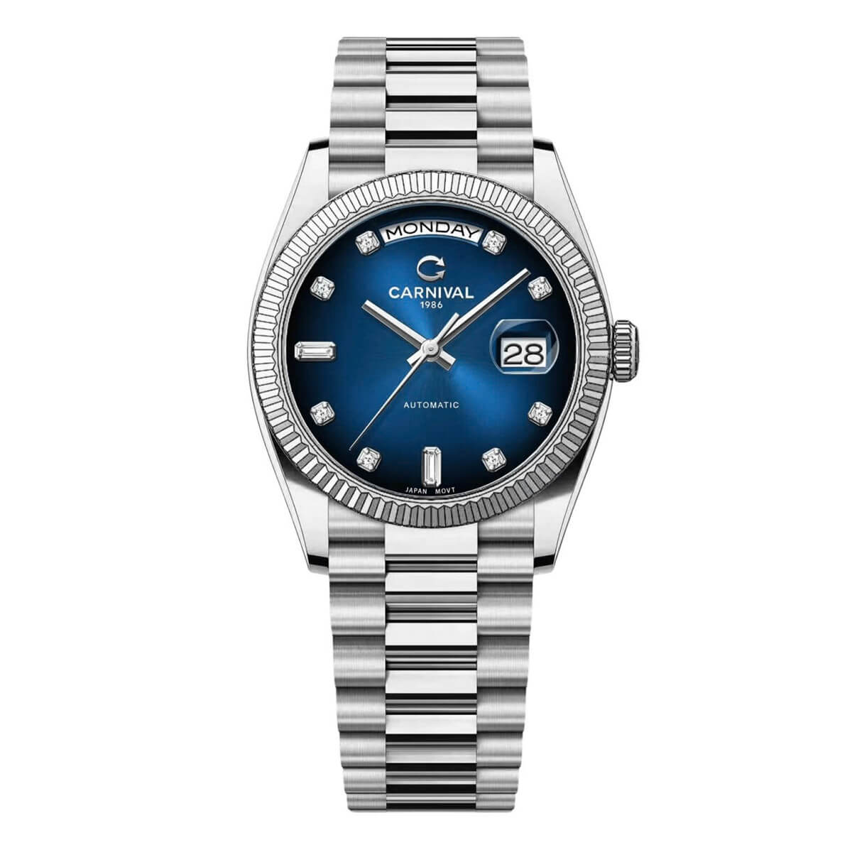 Đồng Hồ Nam Carnival 8239G Size 38mm Dáng Rolex Day Date Máy Tự Động Kính Sapphire Kim Loại Inox Mặt Đen Xà Cừ