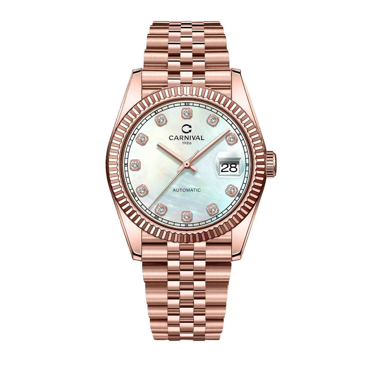 Đồng Hồ Nam Carnival 8250G Size 38mm Dáng Rolex Datejust Máy Tự Động Kính Sapphire Kim Loại Vàng Hồng Mặt Trắng Xà Cừ