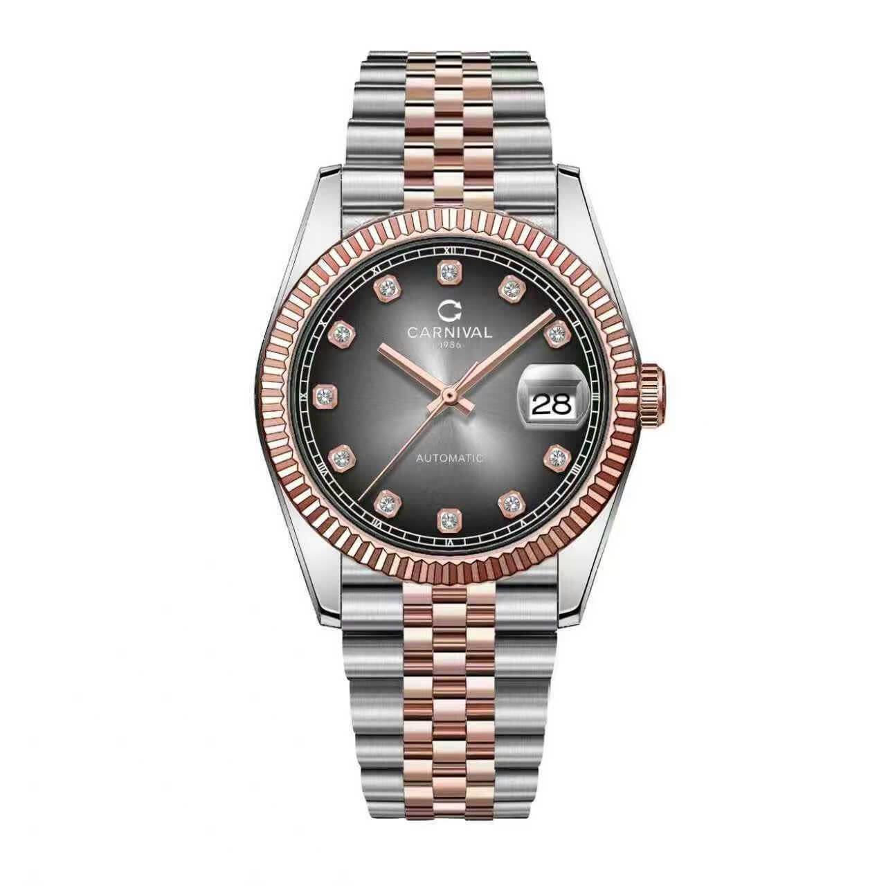 Đồng Hồ Nam Carnival 8250G Size 38mm Dáng Rolex Datejust Máy Tự Động Kính Sapphire Kim Loại Demi Vàng Hồng Mặt Đỏ
