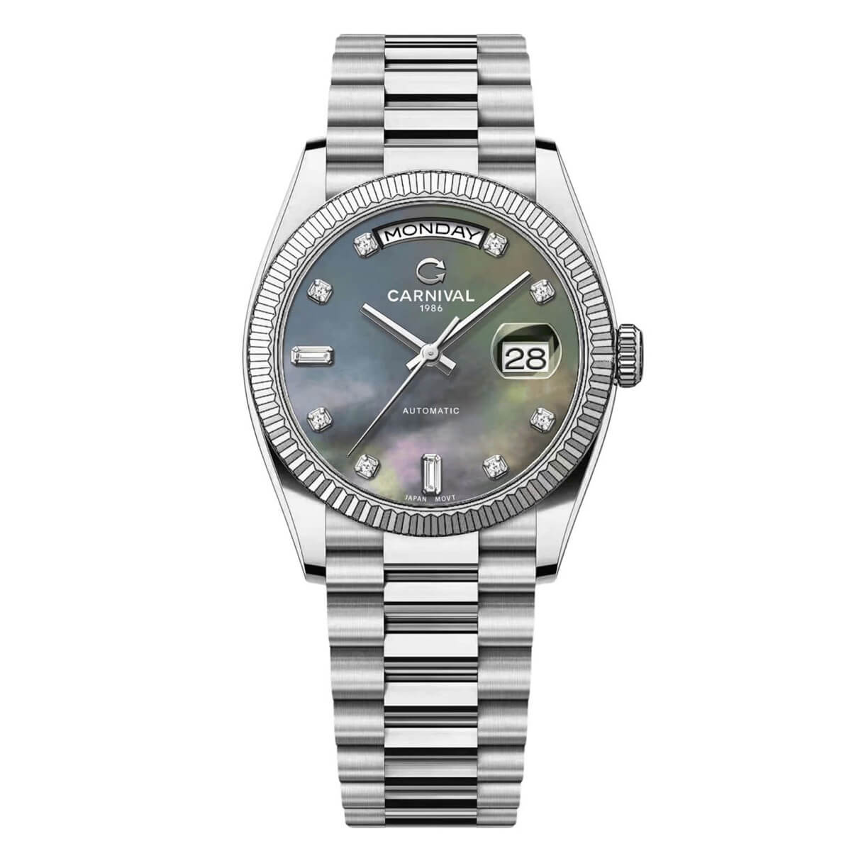 Đồng Hồ Nam Carnival 8239G Size 38mm Dáng Rolex Day Date Máy Tự Động Kính Sapphire Kim Loại Inox Mặt Trắng Xà Cừ